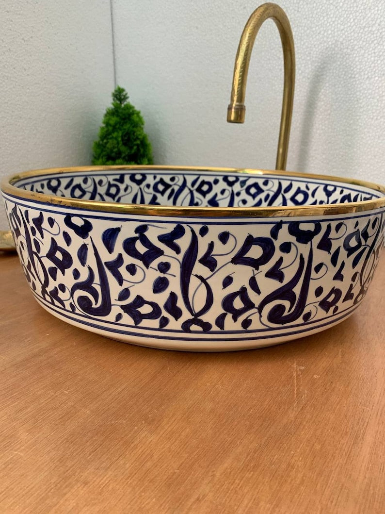 Lavabo Oro 14k con diseño cerámico marroquí, Artesanía tradicional en lavabo de vasija, Regalo de lavabo artesanal y pintado a mano