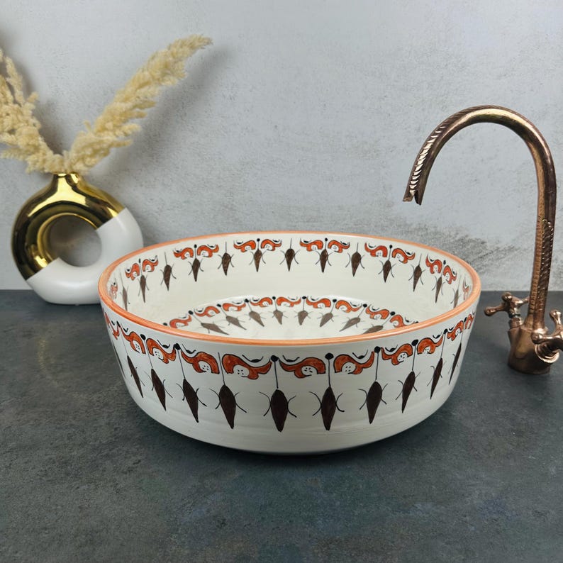 Lavabo de cerámica marroquí pintado a mano, lavabo redondo con diseño tradicional marrón, perfecto para tocadores de baño
