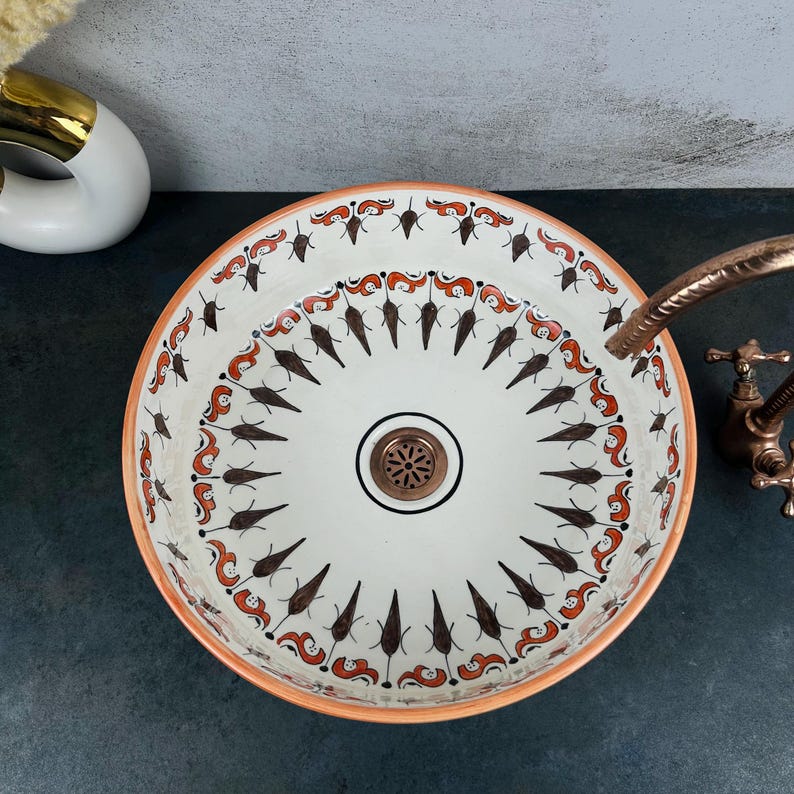 Lavabo de cerámica marroquí pintado a mano, lavabo redondo con diseño tradicional marrón, perfecto para tocadores de baño