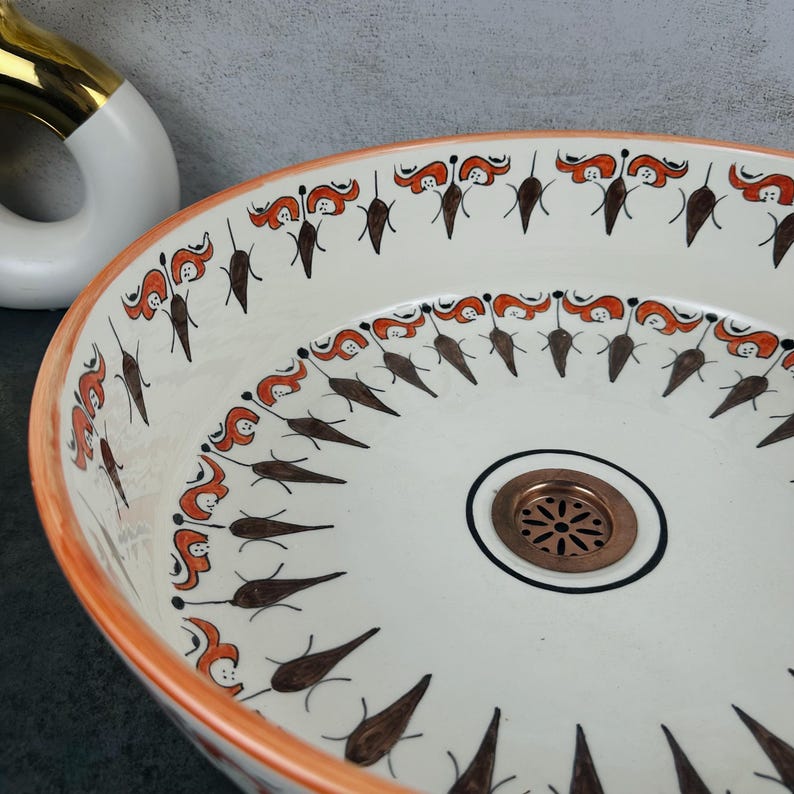 Lavabo de cerámica marroquí pintado a mano, lavabo redondo con diseño tradicional marrón, perfecto para tocadores de baño