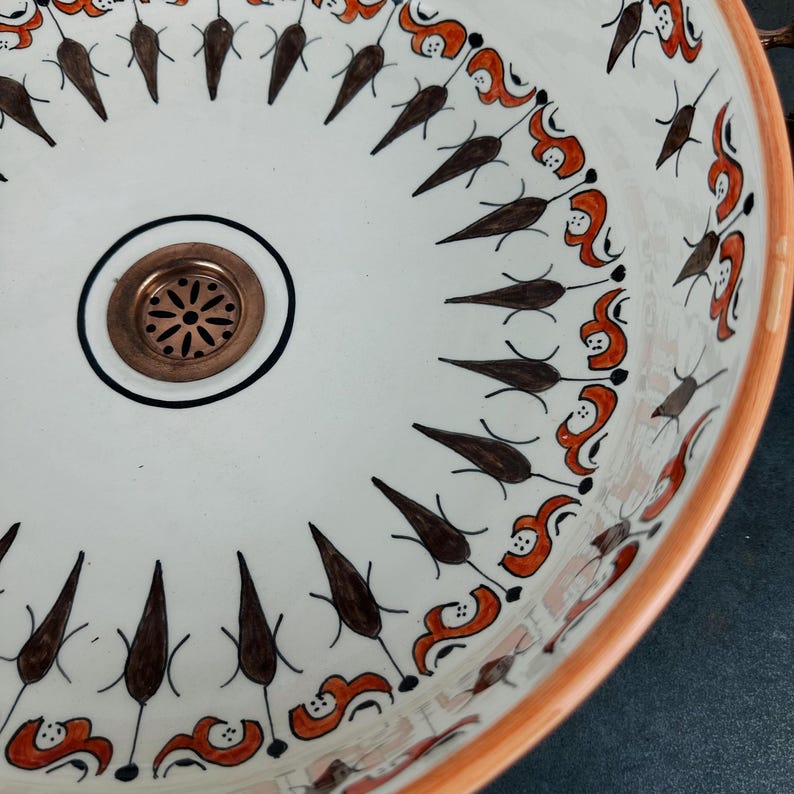 Lavabo de cerámica marroquí pintado a mano, lavabo redondo con diseño tradicional marrón, perfecto para tocadores de baño