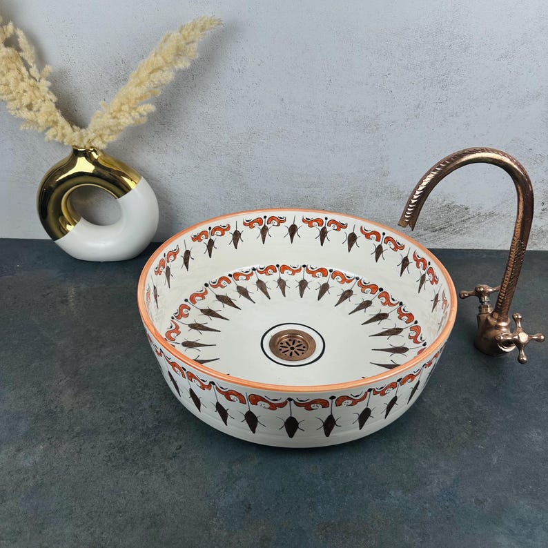 Lavabo de cerámica marroquí pintado a mano, lavabo redondo con diseño tradicional marrón, perfecto para tocadores de baño