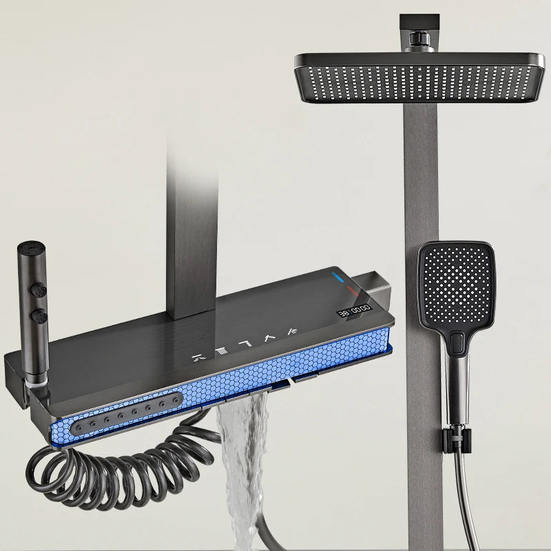 Grijze badkamerdouchekraan met digitaal display, badkamerregendouchekraanset, douchesysteem, omgevingslicht, rugmassage