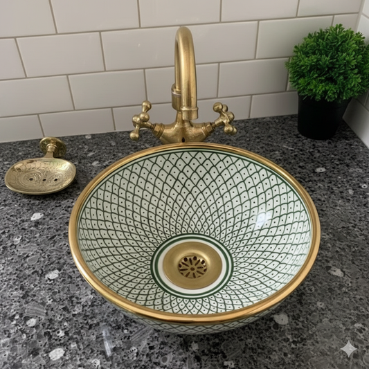 Fez Design Sink – Handgemaakte porseleinen keramische wasbak met 14k gouden rand, hoge kwaliteit, kras- en vlekbestendig, meerdere kleuren