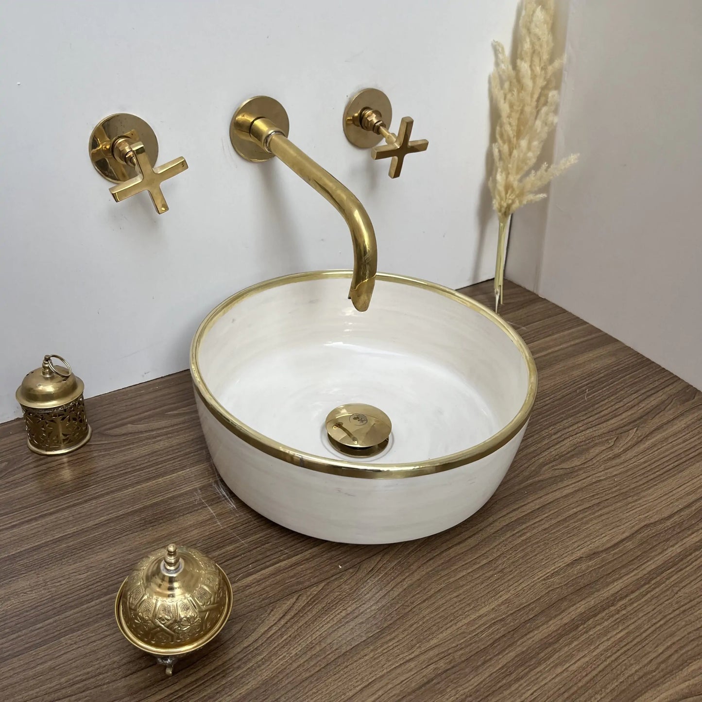 Marokkaanse Fez Design Spoelbak – Handgemaakte Porseleinen Keramische Wasbak met Messing Rand, Krasbestendig, Vlek- en Hittebestendig, Elegante Meerdere Kleuren