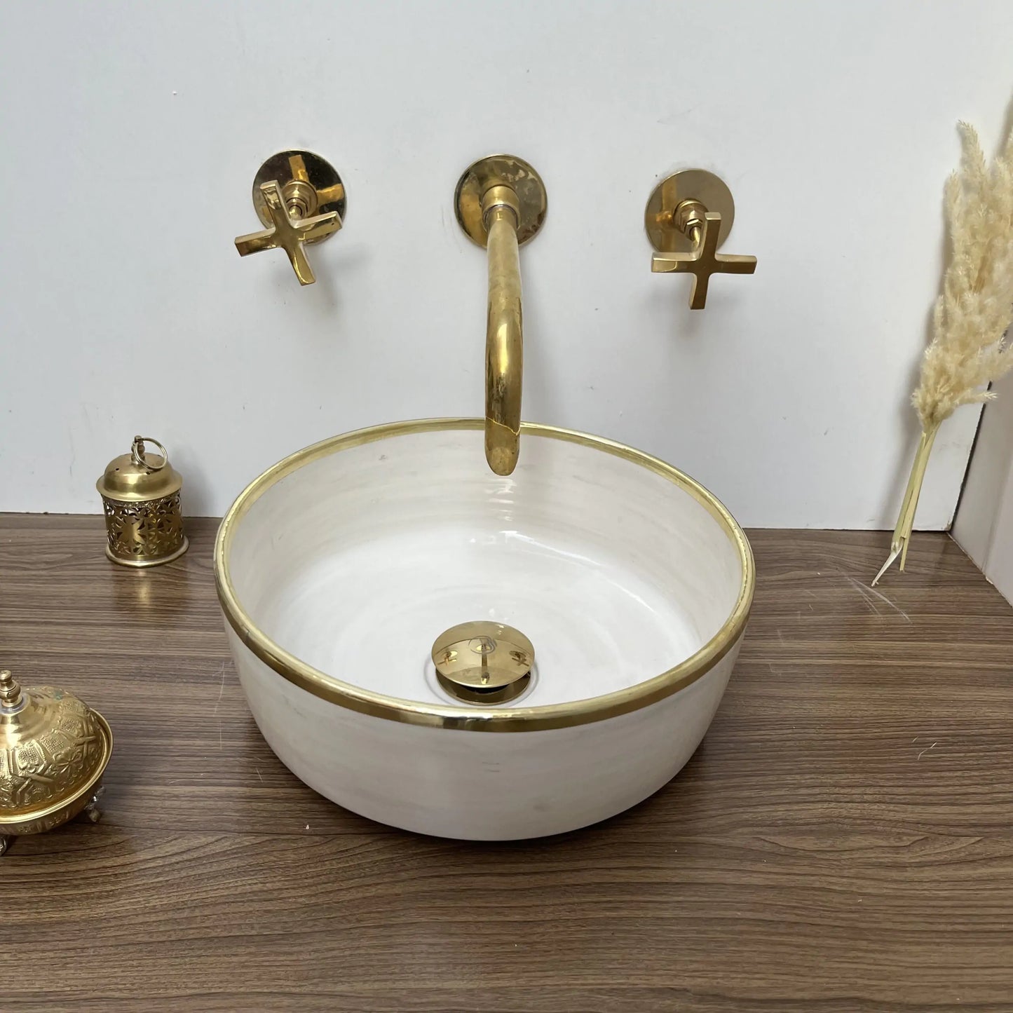 Marokkaanse Fez Design Spoelbak – Handgemaakte Porseleinen Keramische Wasbak met Messing Rand, Krasbestendig, Vlek- en Hittebestendig, Elegante Meerdere Kleuren