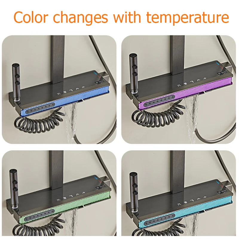Grijze badkamerdouchekraan met digitaal display, badkamerregendouchekraanset, douchesysteem, omgevingslicht, rugmassage