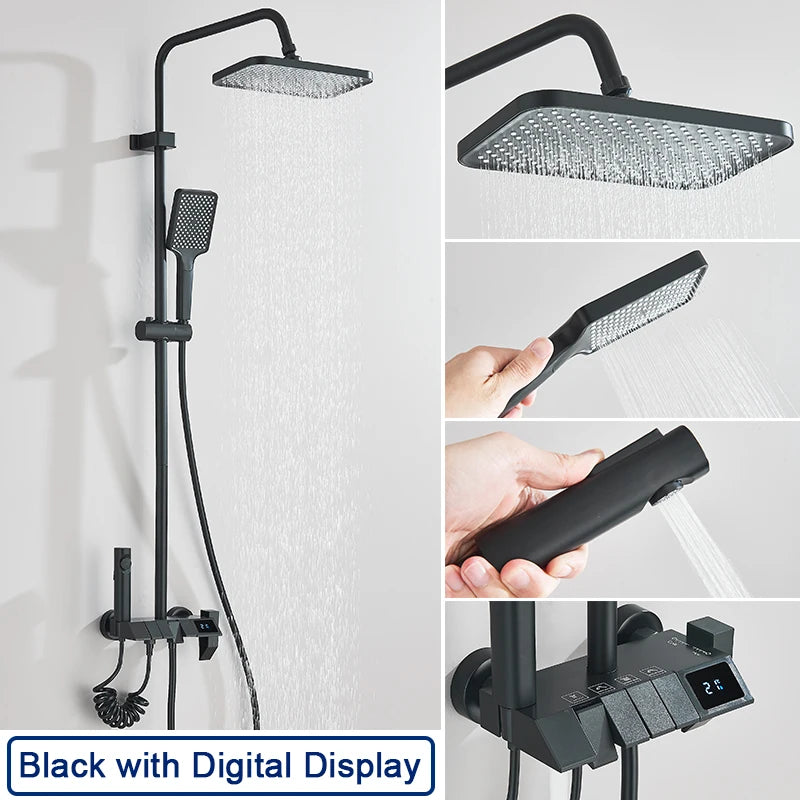Black Smart Digital Display Shower Faucet Set Piano Style Rainlfall Bathroom System Grey Digital Mixer Tap Bidet Shower
