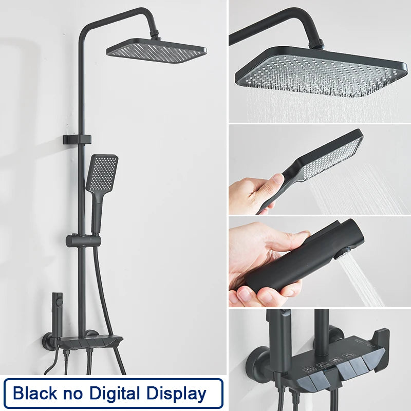 Black Smart Digital Display Shower Faucet Set Piano Style Rainlfall Bathroom System Grey Digital Mixer Tap Bidet Shower
