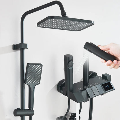 Black Smart Digital Display Shower Faucet Set Piano Style Rainlfall Bathroom System Grey Digital Mixer Tap Bidet Shower