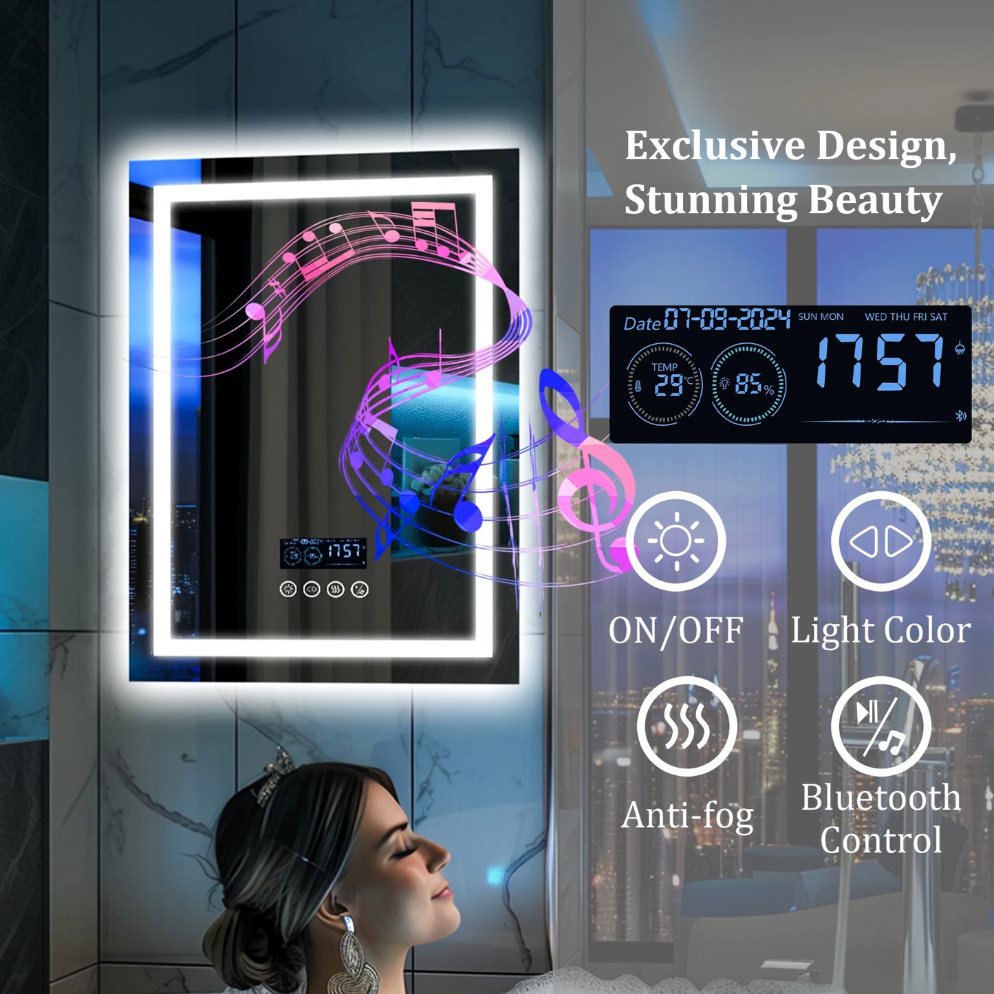 Slimme vierkante LED-verlichte badkamerspiegel met Bluetooth-luidspreker