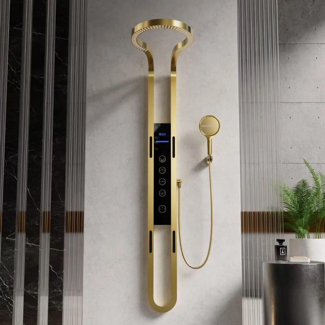 High-end digitale display grote ring doucheset puur koper wandhangend draaiend oppervlak decoratie innovatieve waterval