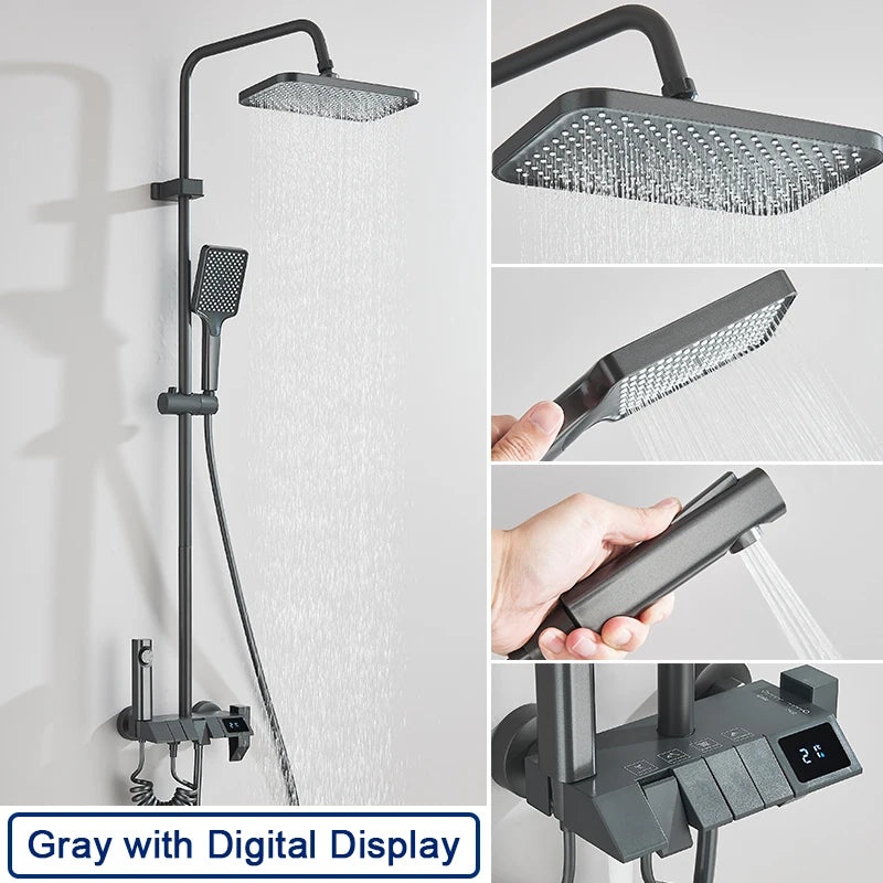 Black Smart Digital Display Shower Faucet Set Piano Style Rainlfall Bathroom System Grey Digital Mixer Tap Bidet Shower