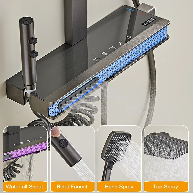 Grijze badkamerdouchekraan met digitaal display, badkamerregendouchekraanset, douchesysteem, omgevingslicht, rugmassage