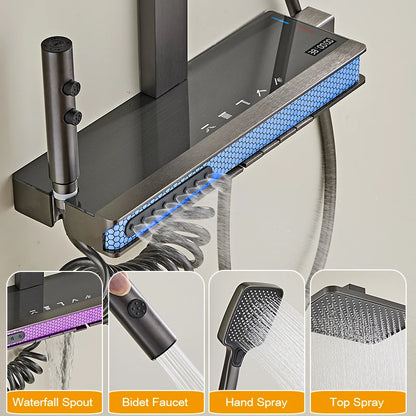 Grijze badkamerdouchekraan met digitaal display, badkamerregendouchekraanset, douchesysteem, omgevingslicht, rugmassage
