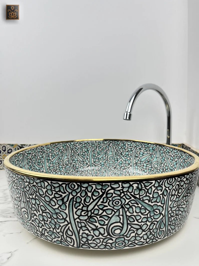 Elegante turkooisblauwe handgeschilderde keramische wastafel 
