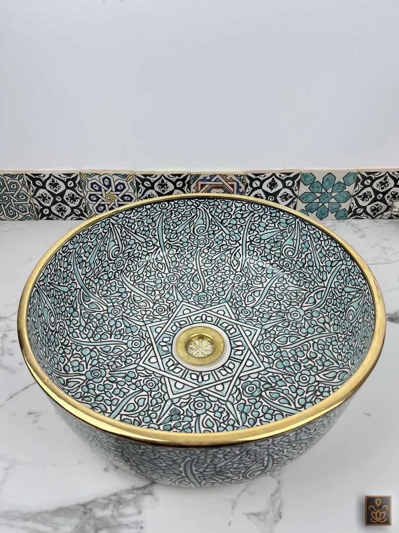 Elegante turkooisblauwe handgeschilderde keramische wastafel 
