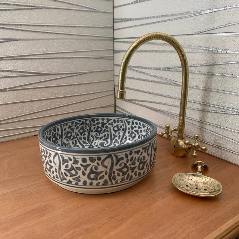 Groene wastafel Marokko Goud 14k - Voeg een vleugje luxe toe met een Marokkaanse wastafel in Goudgroen - Handgemaakte wastafel voor een unieke badkamer.