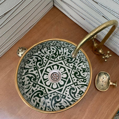 Groene wastafel Marokko Goud 14k - Voeg een vleugje luxe toe met een Marokkaanse wastafel in Goudgroen - Handgemaakte wastafel voor een unieke badkamer.