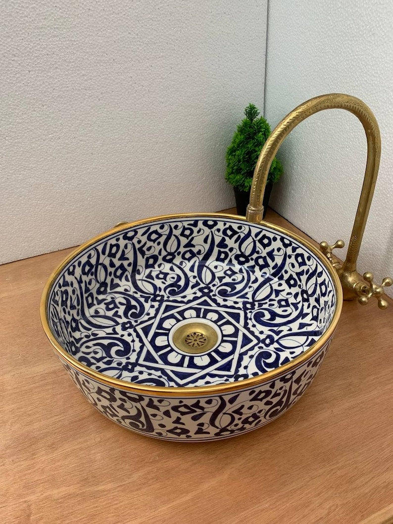 Wastafel goud 14k met Marokkaans keramisch design, traditioneel vakmanschap in wastafel, geschenk van handgemaakte en met de hand beschilderde wastafel