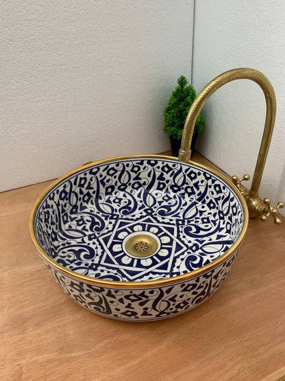 Wastafel goud 14k met Marokkaans keramisch design, traditioneel vakmanschap in wastafel, geschenk van handgemaakte en met de hand beschilderde wastafel