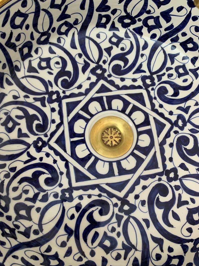 Wastafel goud 14k met Marokkaans keramisch design, traditioneel vakmanschap in wastafel, geschenk van handgemaakte en met de hand beschilderde wastafel