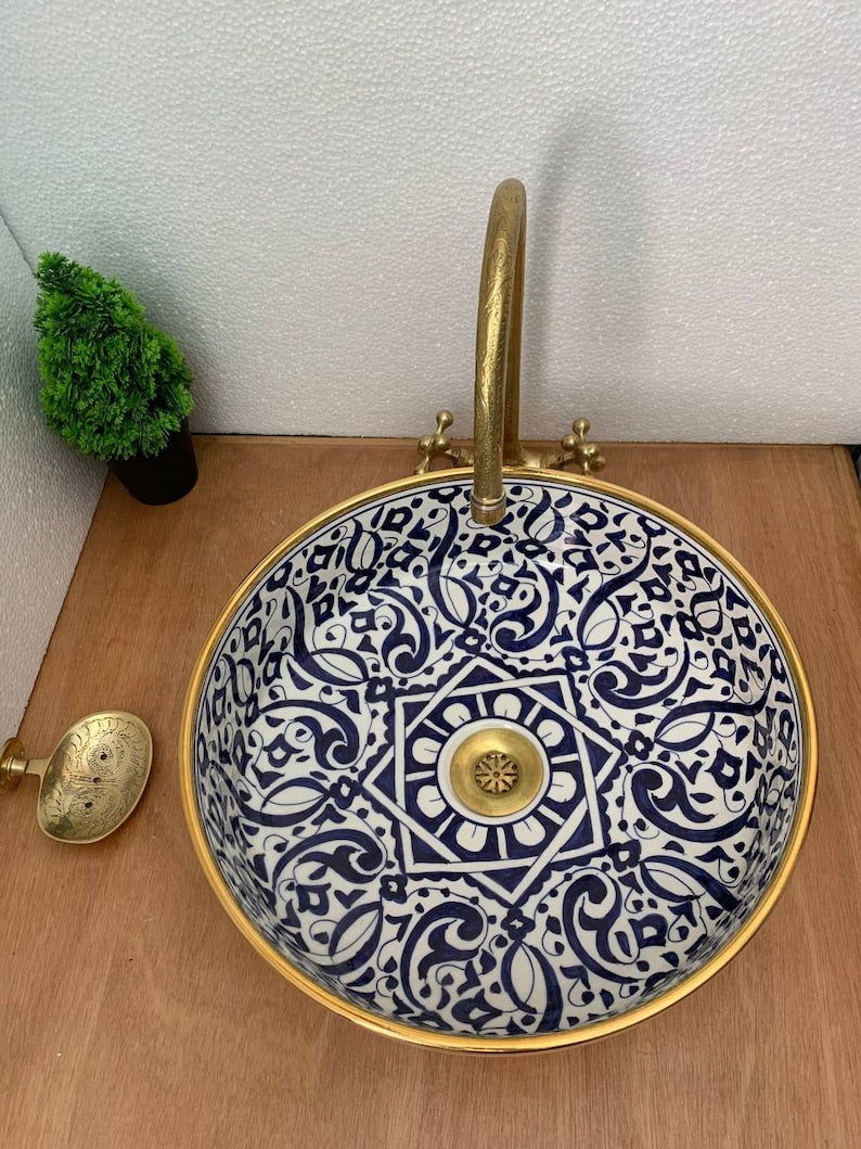 Wastafel goud 14k met Marokkaans keramisch design, traditioneel vakmanschap in wastafel, geschenk van handgemaakte en met de hand beschilderde wastafel