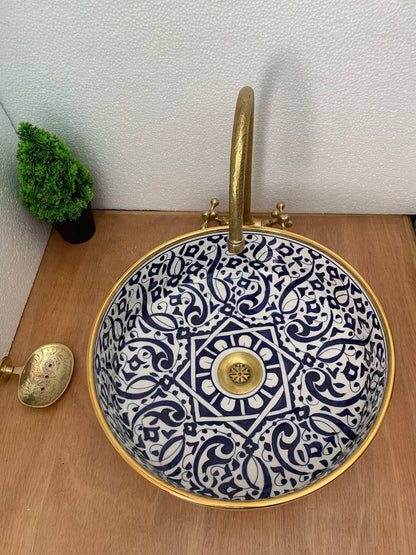 Wastafel goud 14k met Marokkaans keramisch design, traditioneel vakmanschap in wastafel, geschenk van handgemaakte en met de hand beschilderde wastafel