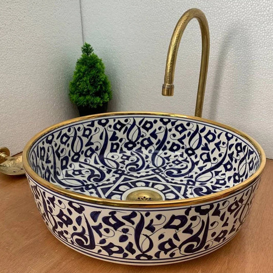 Wastafel goud 14k met Marokkaans keramisch design, traditioneel vakmanschap in wastafel, geschenk van handgemaakte en met de hand beschilderde wastafel