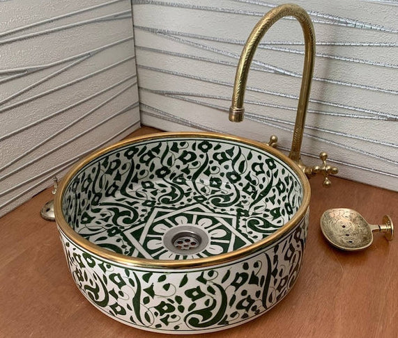 Groene wastafel Marokko Goud 14k - Voeg een vleugje luxe toe met een Marokkaanse wastafel in Goudgroen - Handgemaakte wastafel voor een unieke badkamer.