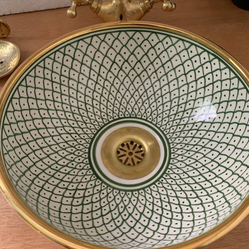Fez Design Sink – Handgemaakte porseleinen keramische wasbak met 14k gouden rand, hoge kwaliteit, kras- en vlekbestendig, meerdere kleuren