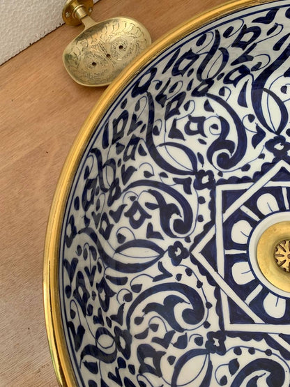 Wastafel goud 14k met Marokkaans keramisch design, traditioneel vakmanschap in wastafel, geschenk van handgemaakte en met de hand beschilderde wastafel