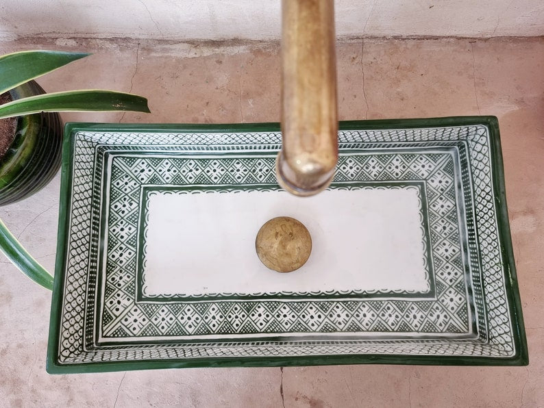 Marokkaanse wastafel, 100% handgemaakt, Handbeschilderde vis, Badkamerdecoratie, Keukendecoratie, Groene keramische wastafel, Gratis afvoer en sifoon.