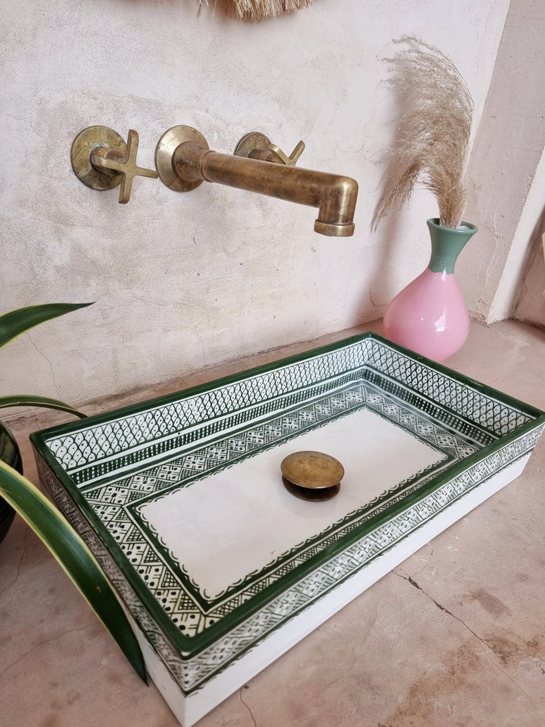 Marokkaanse wastafel, 100% handgemaakt, Handbeschilderde vis, Badkamerdecoratie, Keukendecoratie, Groene keramische wastafel, Gratis afvoer en sifoon.
