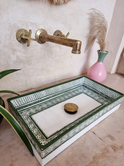 Marokkaanse wastafel, 100% handgemaakt, Handbeschilderde vis, Badkamerdecoratie, Keukendecoratie, Groene keramische wastafel, Gratis afvoer en sifoon.