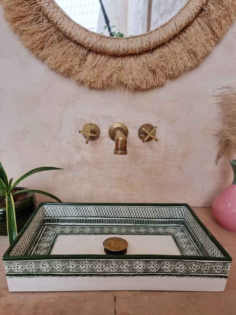 Marokkaanse wastafel, 100% handgemaakt, Handbeschilderde vis, Badkamerdecoratie, Keukendecoratie, Groene keramische wastafel, Gratis afvoer en sifoon.