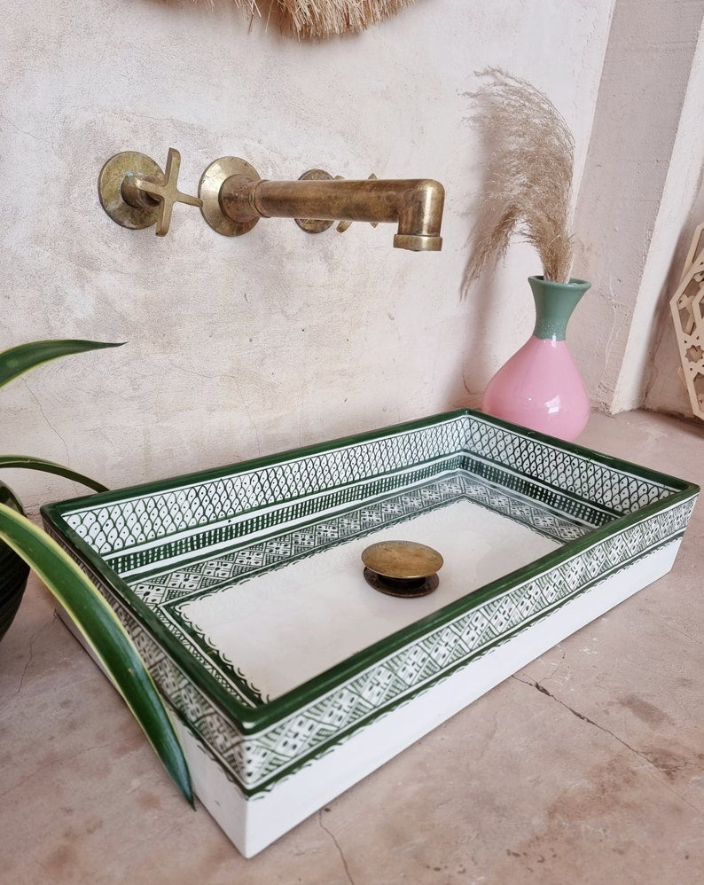 Marokkaanse wastafel, 100% handgemaakt, Handbeschilderde vis, Badkamerdecoratie, Keukendecoratie, Groene keramische wastafel, Gratis afvoer en sifoon.