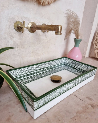 Marokkaanse wastafel, 100% handgemaakt, Handbeschilderde vis, Badkamerdecoratie, Keukendecoratie, Groene keramische wastafel, Gratis afvoer en sifoon.