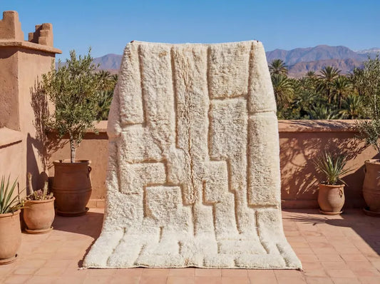 Handgemaakt Marokkaans Tapijt - Berberse handgemaakt wollen tapijt - Ivoor kleur - 152x213 cm