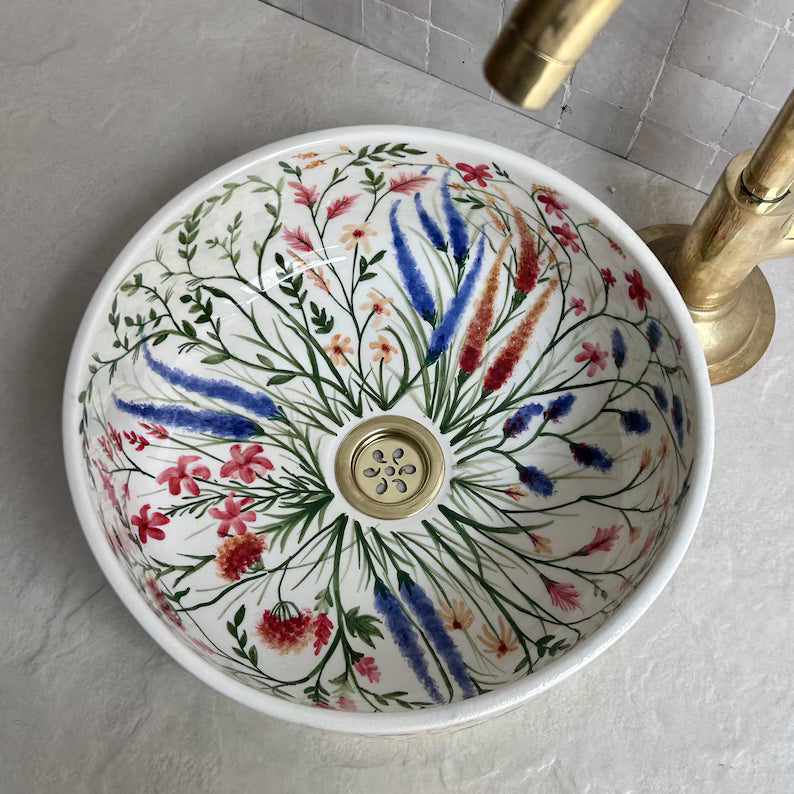 Marchica - Handgeschilderde Keramische Wastafel - Ronde Bloemen Badkamerwastafel, Handgemaakte Marokkaanse Kunst Wastafel
