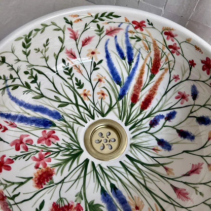 Marchica - Handgeschilderde Keramische Wastafel - Ronde Bloemen Badkamerwastafel, Handgemaakte Marokkaanse Kunst Wastafel