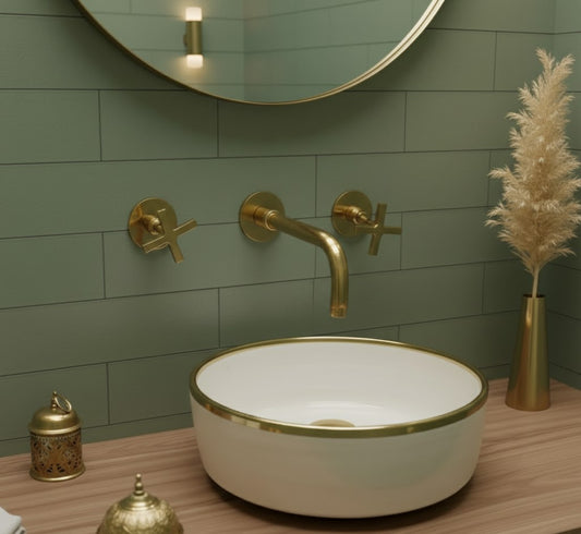 Marokkaanse Fez Design Spoelbak – Handgemaakte Porseleinen Keramische Wasbak met Messing Rand, Krasbestendig, Vlek- en Hittebestendig, Elegante Meerdere Kleuren